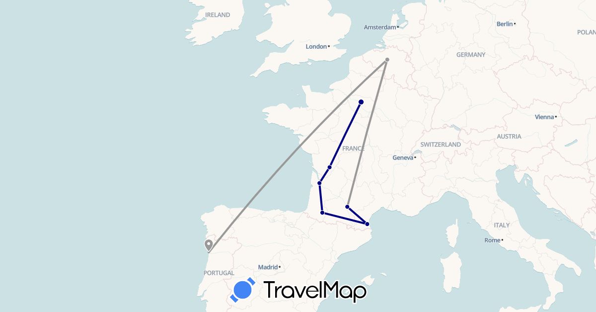 TravelMap itinerary: driving, plane in Belgium, France, Portugal (Europe)